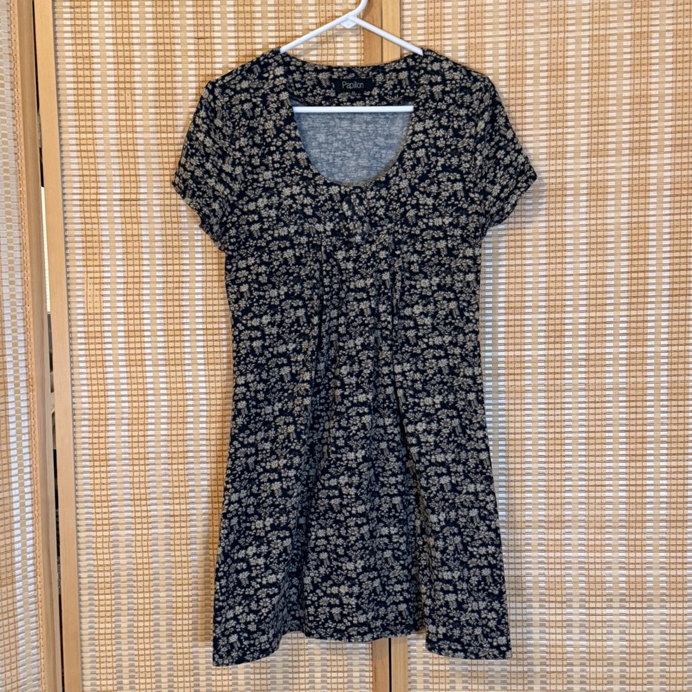 Papillon Women Blue Floral Short Sleeve Scoop Neck Pleated Mini Dress‎ Size M